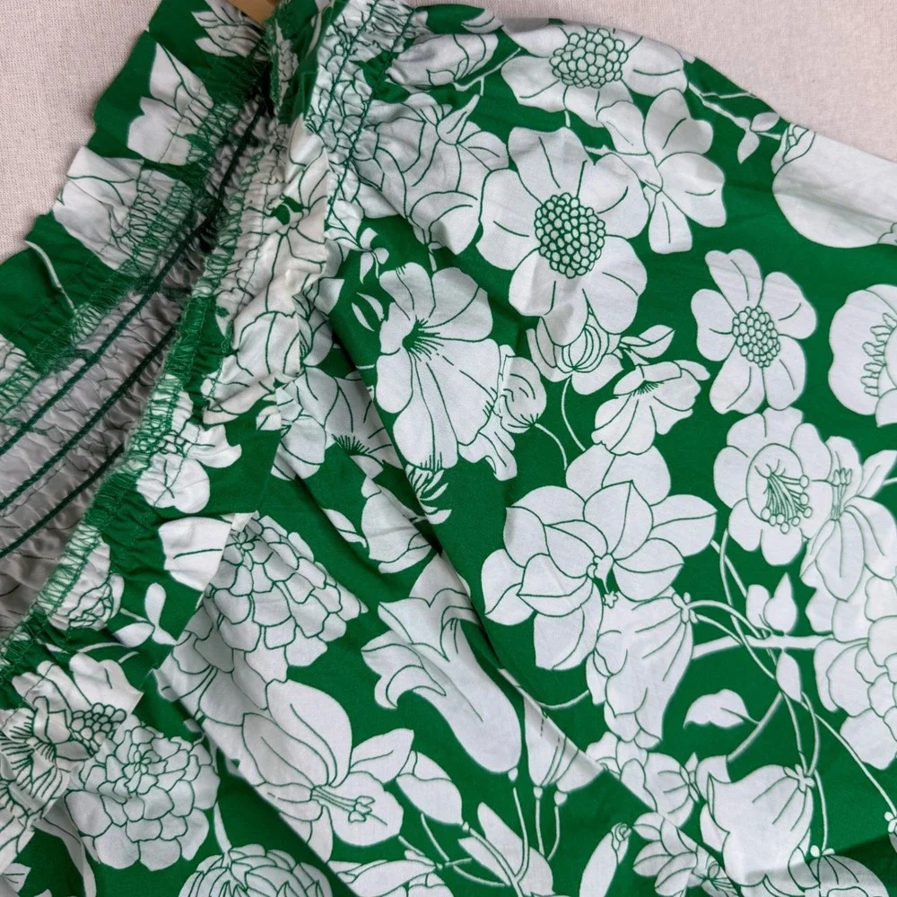 J. Crew‎ One Shoulder Smocked Kelly Floral Print Blouse size Small Green/White